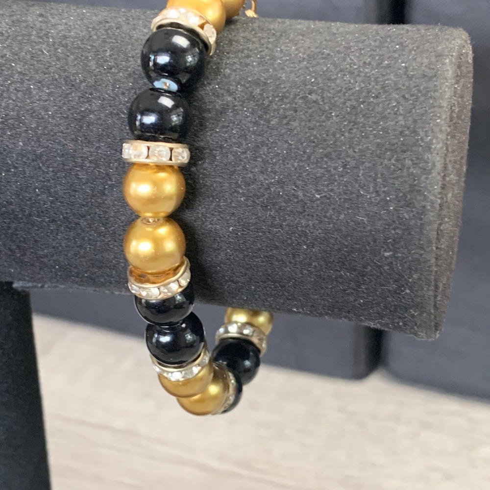 Black and Gold Faux Pearl Bead Bracelet Rhinestone Spacers Adjustable 7-8.5 In